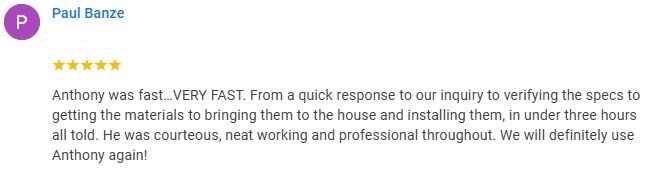 Five-star review from Paul Banze praising Anthony for his fast, courteous, and professional service.